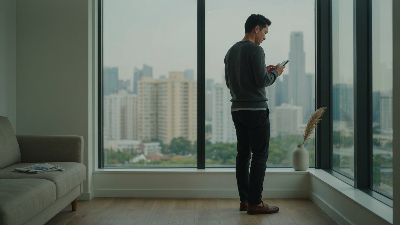 A property professional checking his phone beside a city view