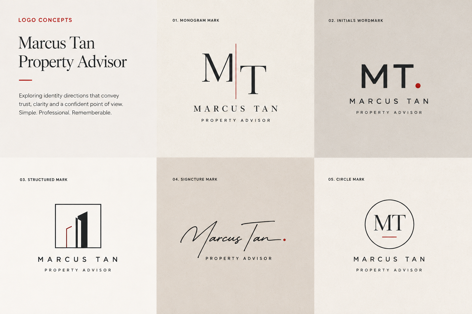 Marcus Tan logo concepts sheet
