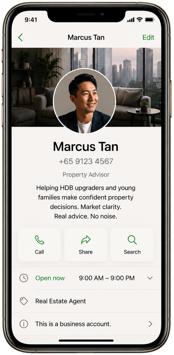 Marcus Tan business profile application shown on an iPhone