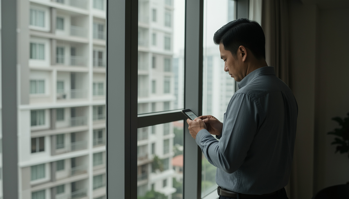 A property professional checking a phone beside a city window