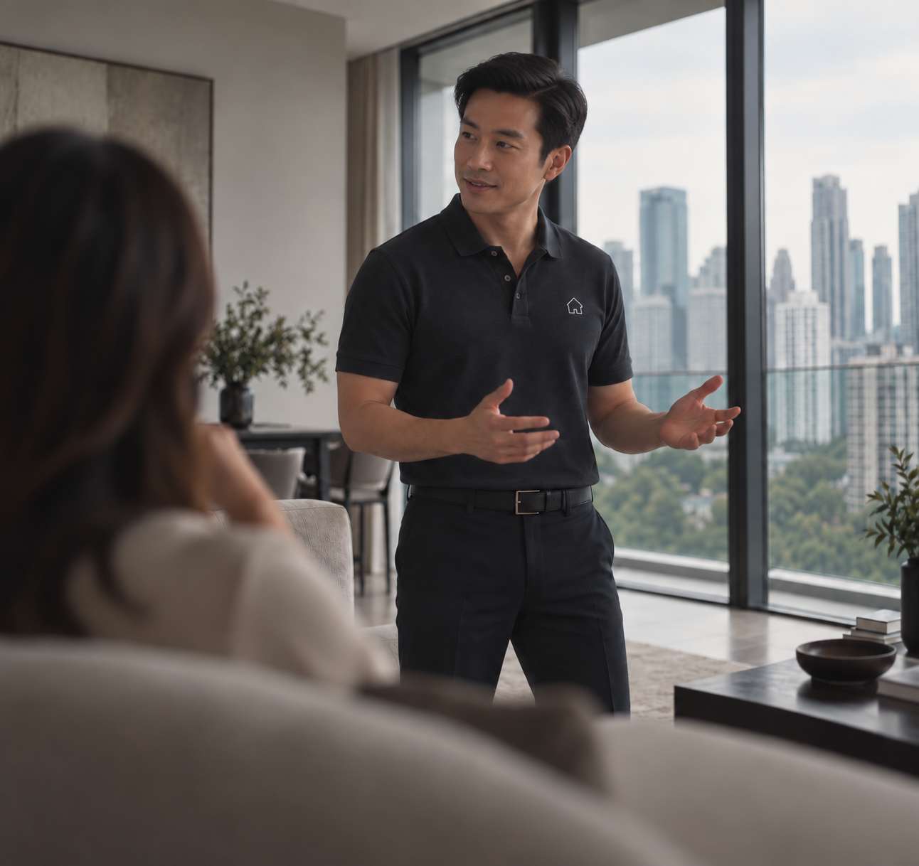 A property professional speaking with a client in a city apartment